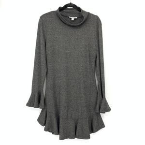 Shilla Knit Dress Ruffle Hem +Cuffs Long Sleeve Marled Gray Sweater Mini Sz L